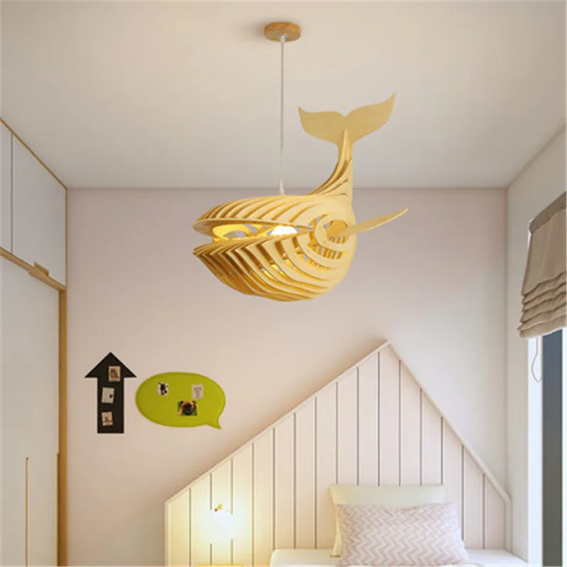 Nordic wood chandelier lighting E27 fish chandeliers design Whale Light for Kids Room Japanese Sushi Bar minimalist decor light