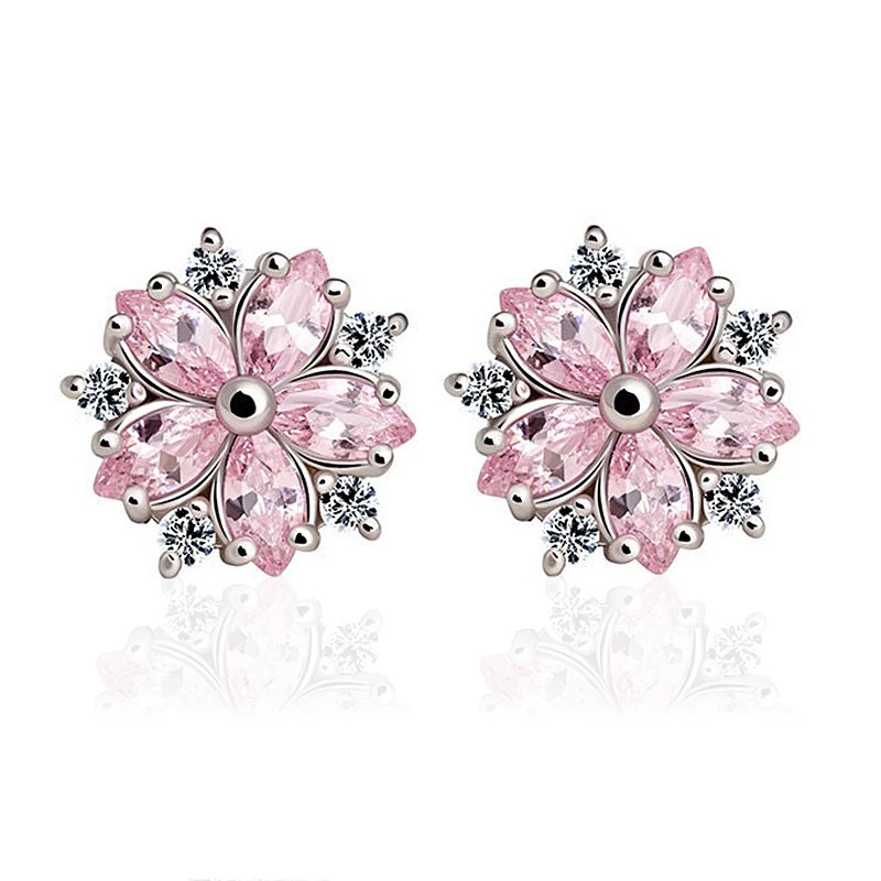 

925 Sterling Silver Snowflake Pink Quartz Earrings for Women Real Silver Jewelry Cute Stud Earring Engagement Party Jewelry//