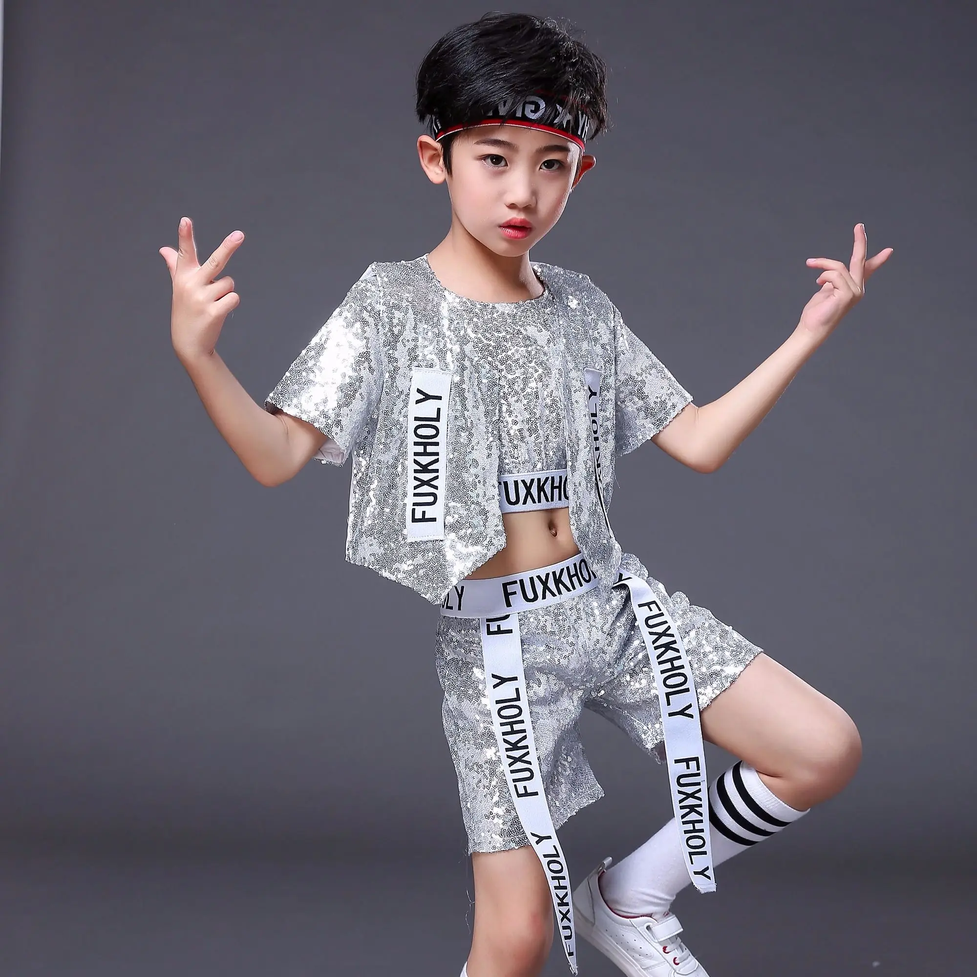 Children's Hip-hop Dance Costumes Kids Boy Bright Silver Sequins Pants Suit Jazz Street Dancewear Cheerleading Costume 100-160cm