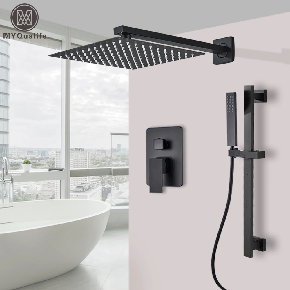 Black Wall Mounted Bathroom Shower Rainfall  Shower With Slider Mixed Hot And Cold Water Mixer Tap Embedded Box Control Valve