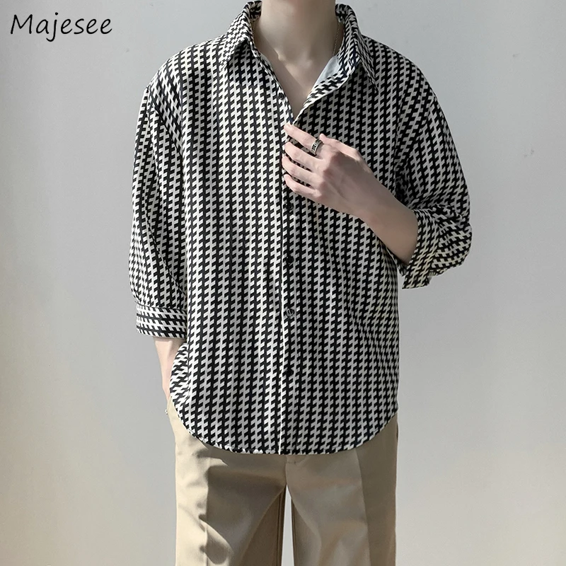 

Summer Plaid Shirts Men Draped Mature Straight Oversize Social Casual Business All-match Harajuku Hipster Bird Lattice Young Ins