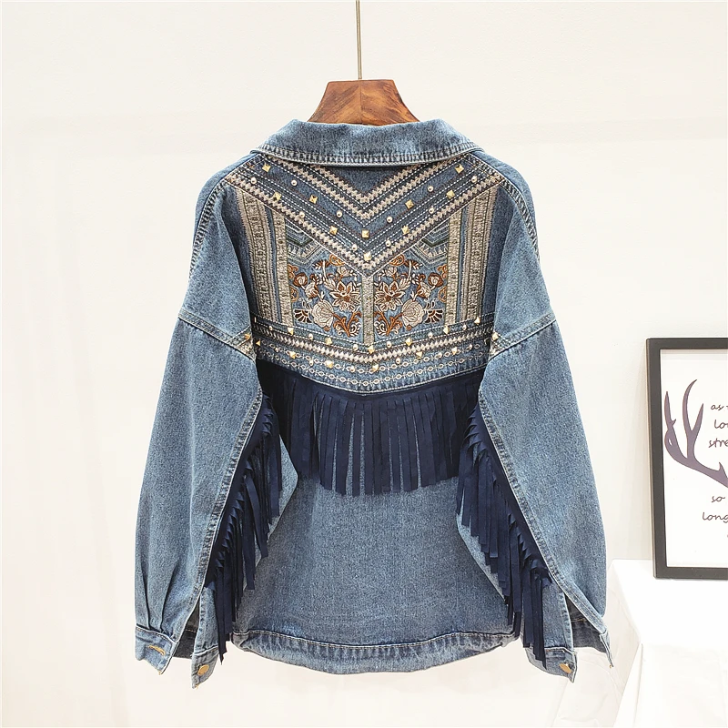 Boho Women's Denim Jacket 2024 Spring Vintage Floral Embroidery Suede Fringe Loose Long Sleeve Jean Jacket Casual Ropa De Mujer