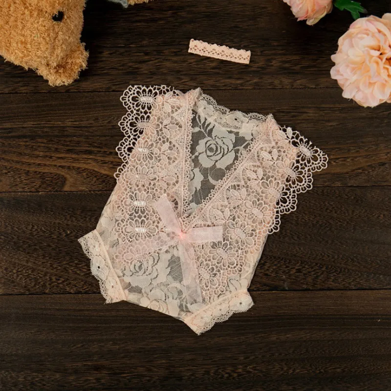 0-1Month Newborn Photography Prop Baby Headband Lace Romper Bodysuits Outfit Infand Girl Dress Costume Photo Shooting Clothing