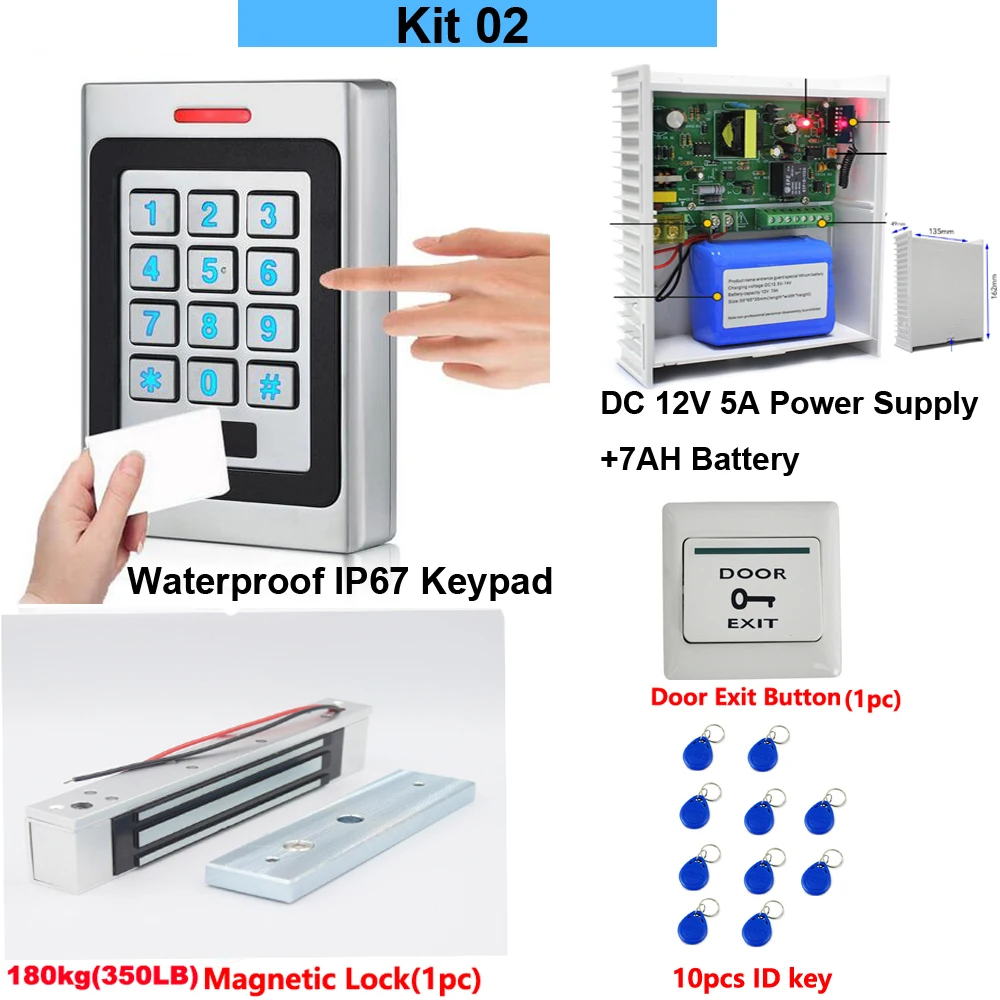 

RFID Wapterproof card ketpad Access Control System sets DC12V 5A Power Supply w/ Backup Battery AC 100~240V 180kg Magnetic Lock