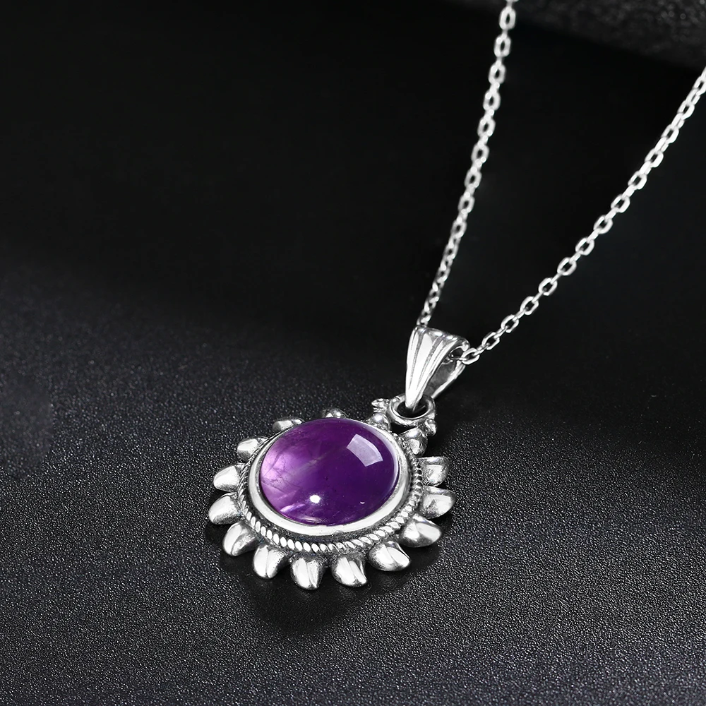 Natural Amethyst Necklace for Women Sterling Silver 925 Vintage Style Sun Shaped Pendant Charming Necklace Gift Jewelry Whoesale