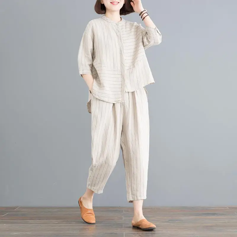 New Large Size Suit Women Clothing Summer Loose Striped Half Sleeve Cotton Linen Shirt Wide-leg Nine-point Pant Two-piece Sets