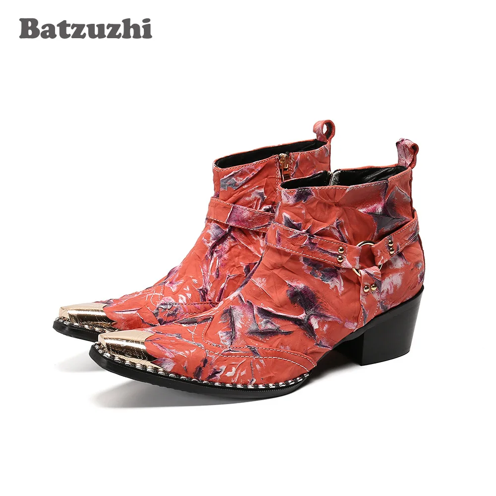 

Batzuzhi Western Punk Men's Boots Pointed Metal Tip Genuine Leather Ankle Boots Men 6.5cm High Heels Party Men Boots Red, 38-46