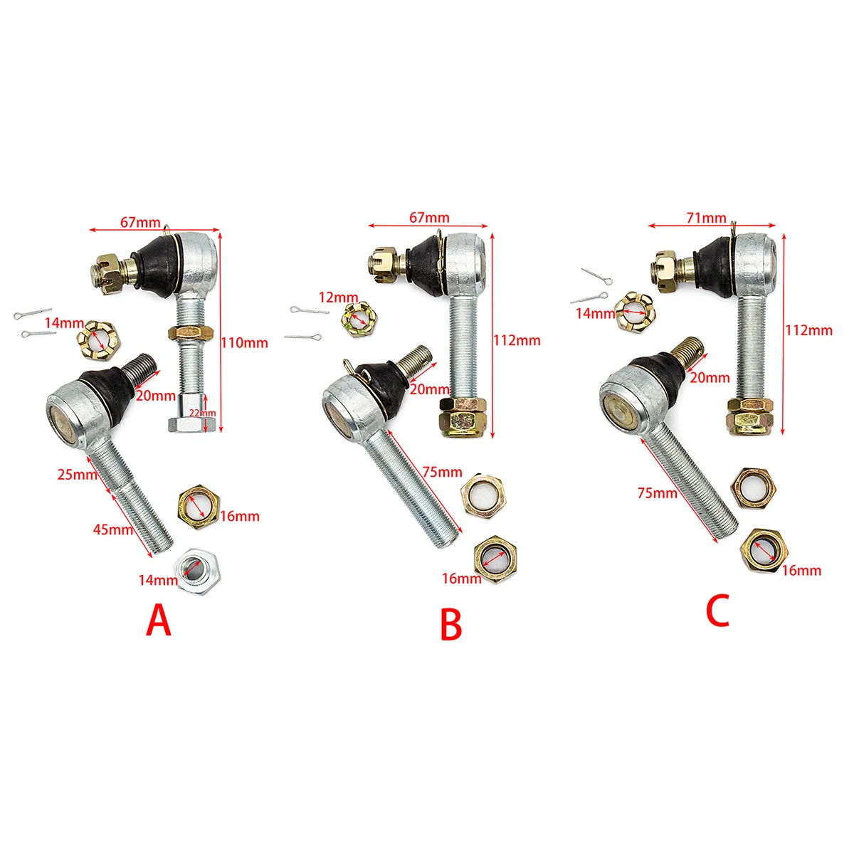 Joint à rotule à filetage à main, 2,2 M16 * M12/M14, pour façades 150cc 250cc D343 Bike RL Go Kart teous Bumosquito, 2 pièces