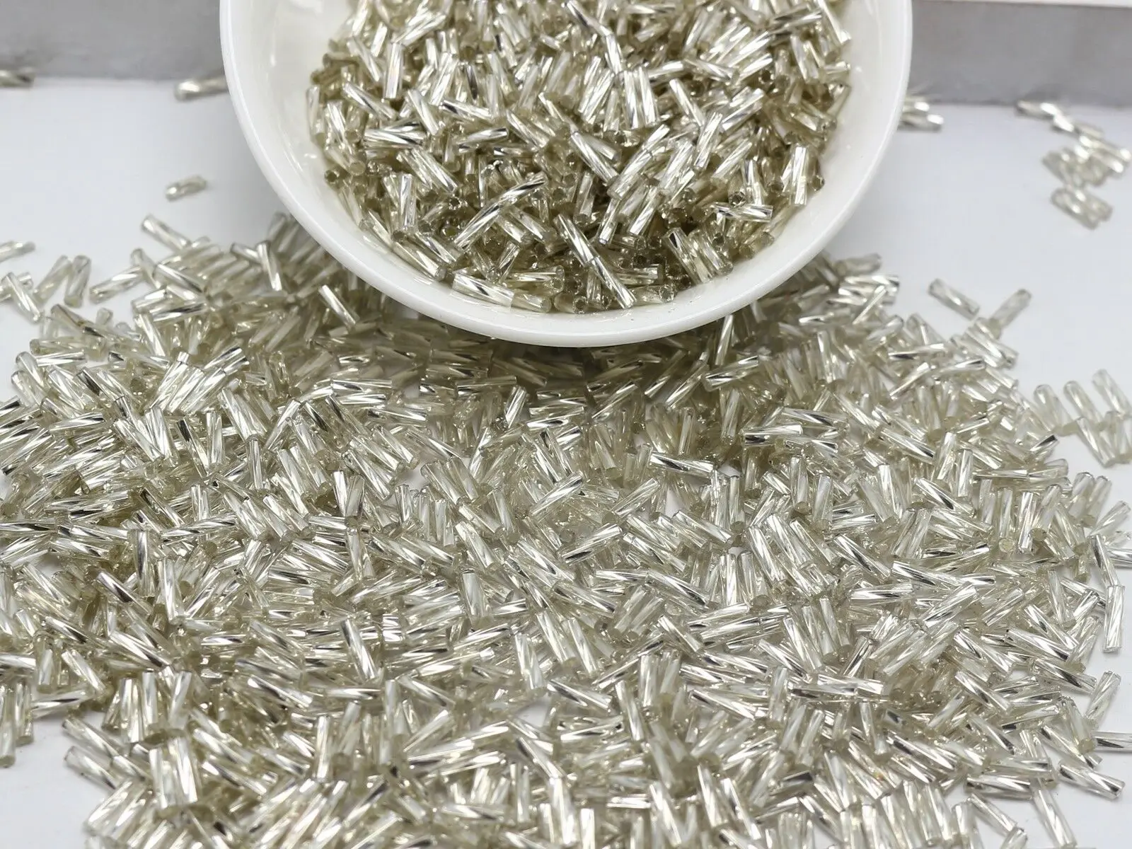 2000 Glass Tube Twisted Bugle Seed Beads 2X7mm White Silver Colour + Storage Box