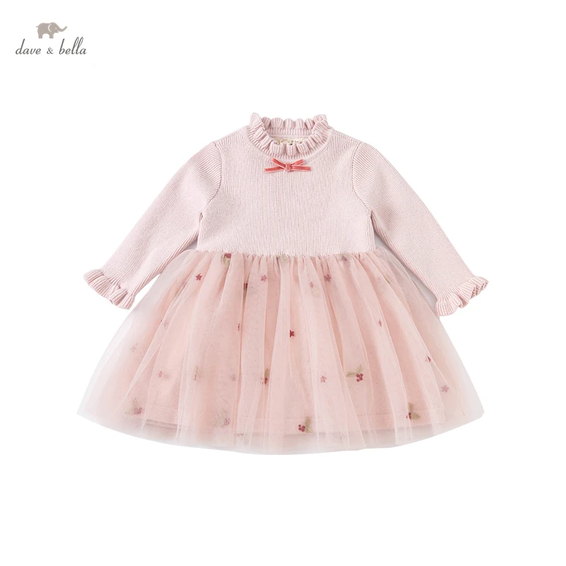 

DBM19975 dave bella winter baby girl's cute bow stars mesh sweater dress children fashion party dress kids infant lolita clothes