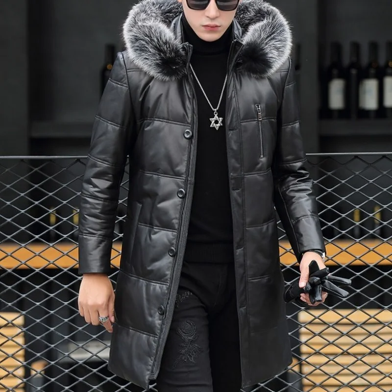 Winter Fashion Thicken Warm Hooded Down Coat Mens Slim Fit Genuine Leather Long Jacket Street Casual Men Overcoat Plus Size 5XL