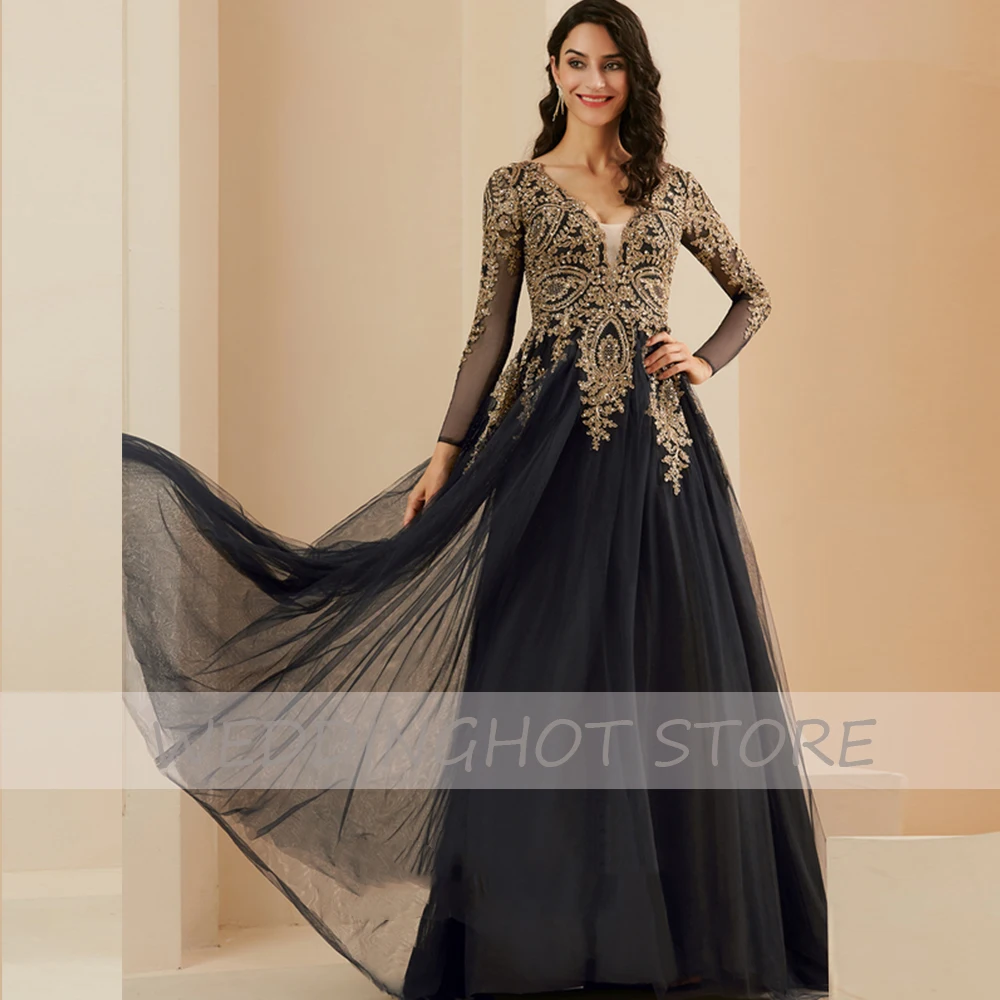 Preto tule vestidos de noite longo 2021 a linha árabe com decote em v manga longa karakou vestidos de festa de formatura vestidos de chão-comprimento robes de soirée