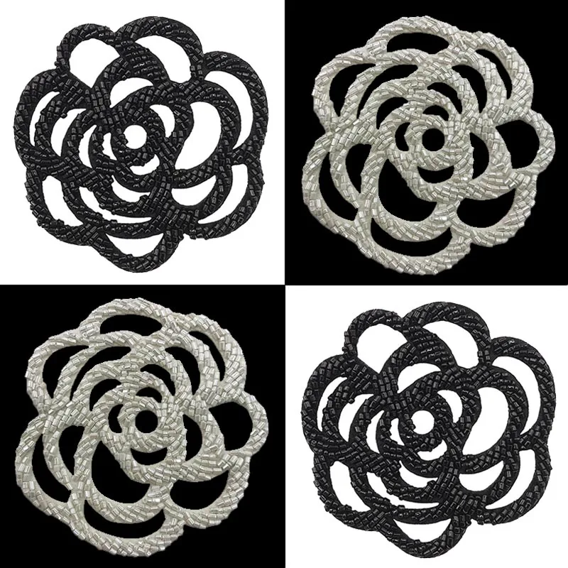 Fashion DIY 3D Black White Flowers Beaded Patches for Clothing sew on Rhinestone Sequin Applique for Clothes Decorative Badge