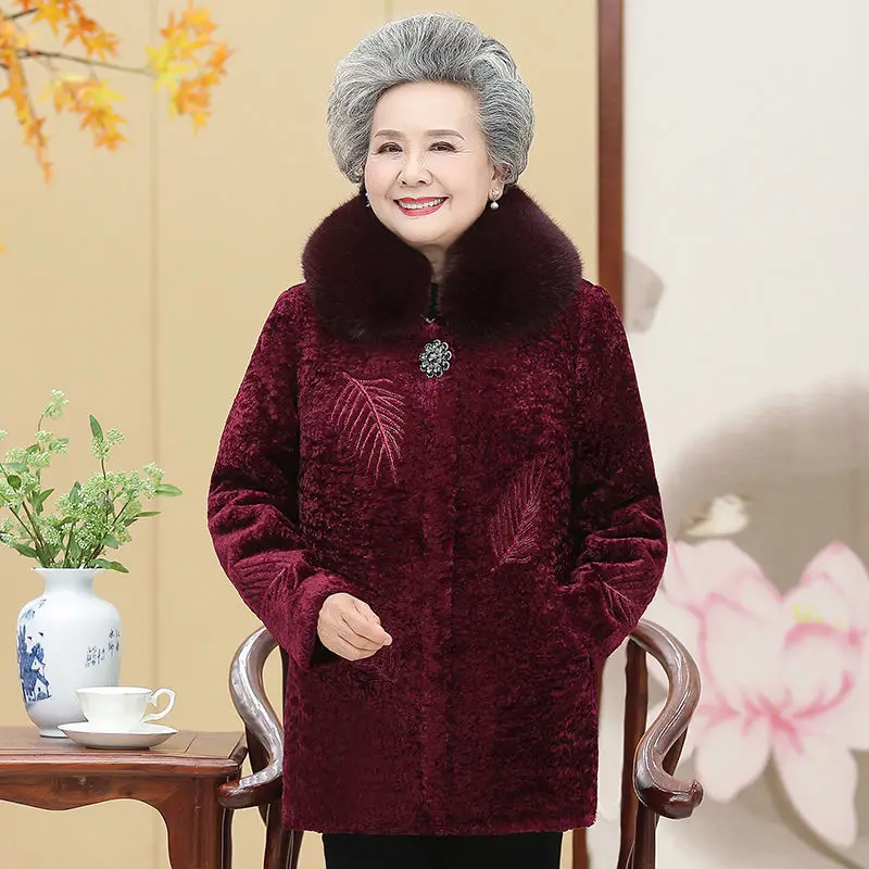 Middle-aged Mother Winter Parkas Female Grandmother Sheep Shearing Coat Velvet Thickening Jacket Overcoat  A