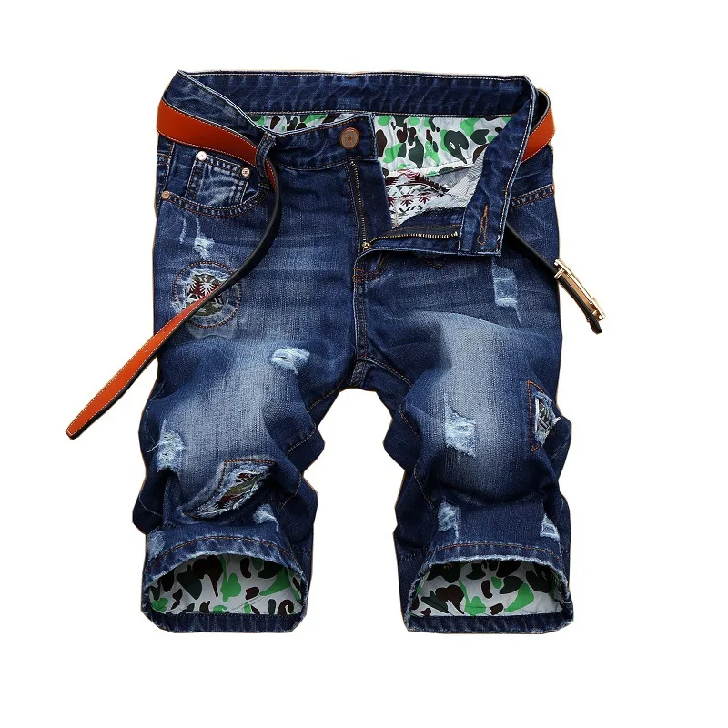

EL BARCO Fashion Cotton Men Denim Shorts Summer Ripped Holes Blue Short Jeans Soft Knee Length Male Pants Streetwear Trousers