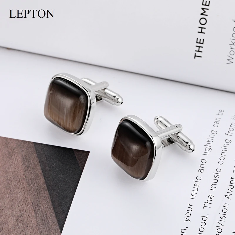 Low-Key Luxury Stone Cufflinks For Mens LEPTON Brown Opal Tuxedo Shirts Cufflink Classic Cat Eye Cuff links Business Best Gifts