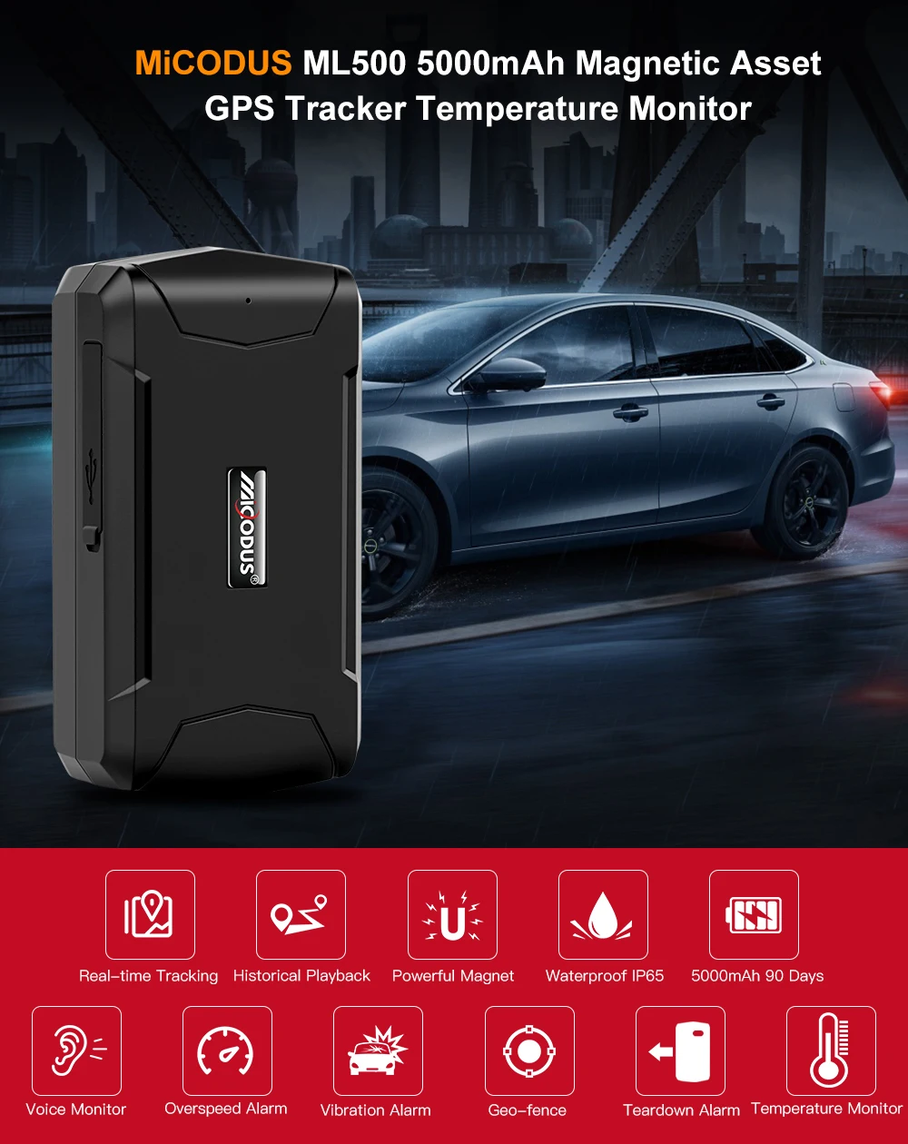 GPS Tracker Car MiCODUS ML500 Temperature Voice Monitor 5000mAh 90 Days Standby Magnet Vehicle Tracker GPS Locator Free Web APP