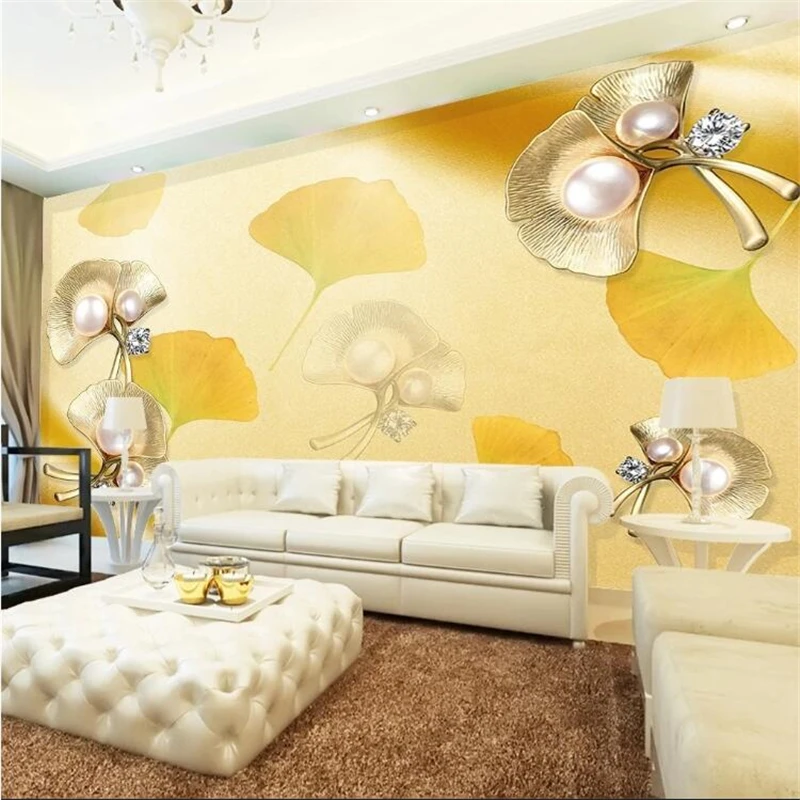 wellyu Custom wallpaper papel de parede Original golden pearl ginkgo leaf jewelry background wall papier peint  behang tapeta