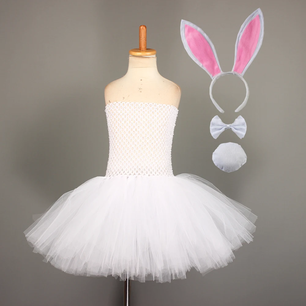 White Bunny Rabbit Tutu Dress Kids Pet Birthday Outfit Halloween Costume Baby Girls Animal Dresses Tail Bow Set Easter Vestidos - view 2