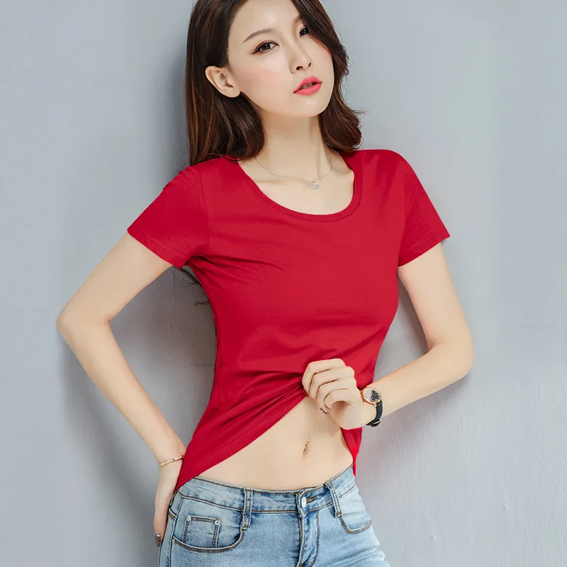 S-5XL Women Cotton T-shirt Summer 2024 Classic Bottoming Tops Tees Short-sleeve Slim Pullovers Elasticity Fabric Girl\'s T-shirts