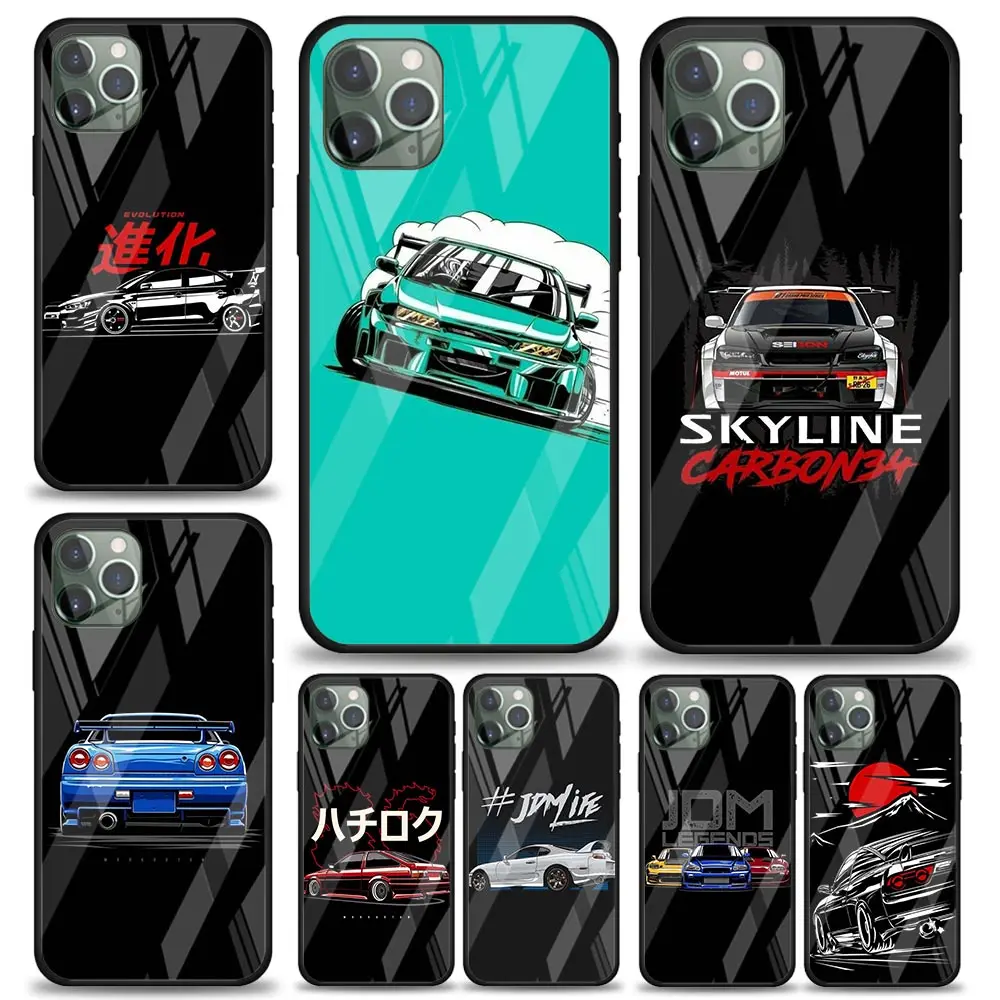 Tempered Glass Phone Case for iPhone 11 13 12 Pro MAX 12 Mini 7 8 XR X XS MAX 6 6s Plus SE2 Housing Cover sports car jdm drift