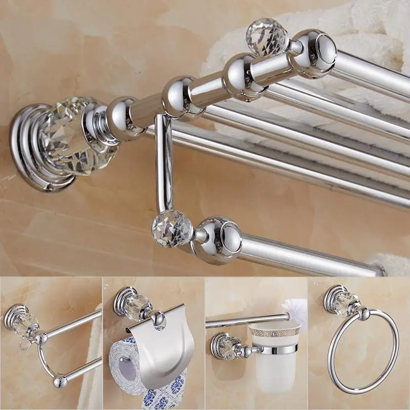 Brass Shower Shelf  Toilet Paper Holder Silver Crystal Wall Mounted Towel Bar Toilet Brush Holder Bathroom Accessories set