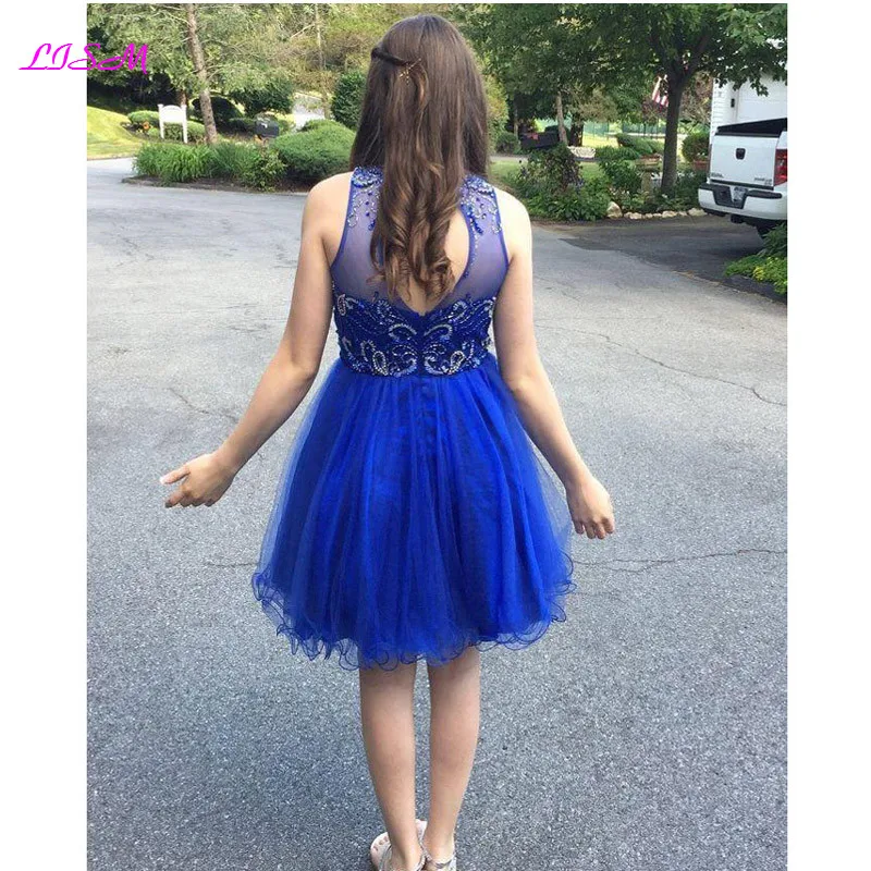 Beaded Short Homecoming Dresses Jewel Neck Open Back Cocktail Dress Royal Blue Tulle Knee Length Sweet 16 Party Gowns