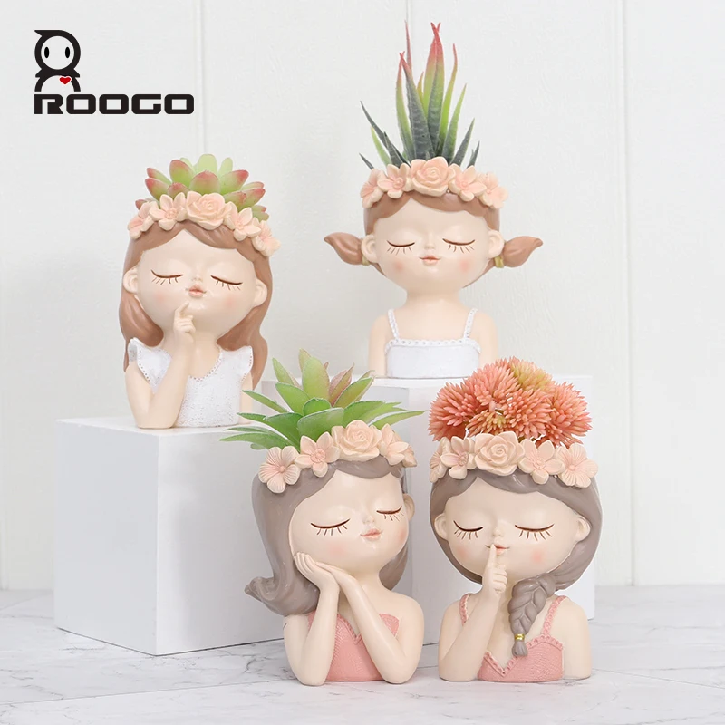 

Roogo Female Head Little Fairy Flowerpot Resin Succulent Planter Pot Beautiful Girl Desktop Statue Home and Garden Decor