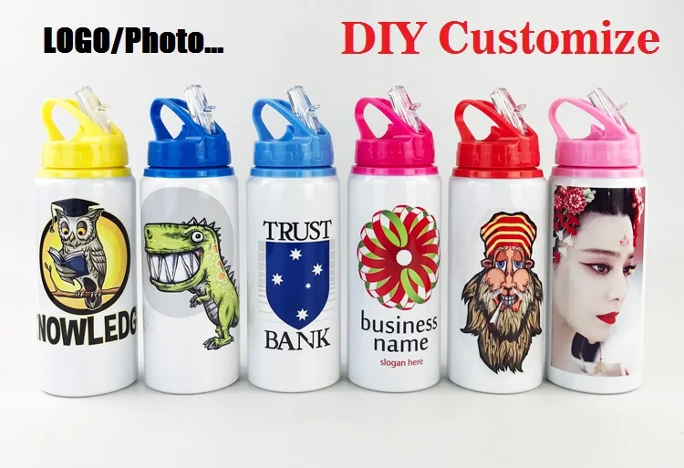 600ML Bottle with Straw DIY Customized Colorful Print LOGO for Travel Sport Team Company Promotion Kids Photo Aluminium Portable