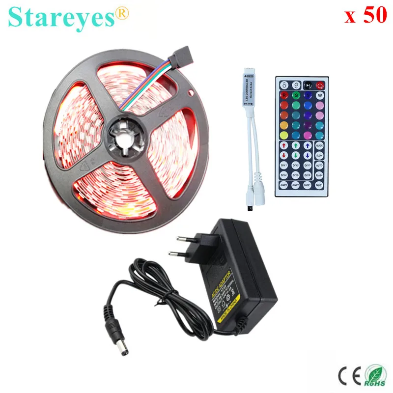 

50 sets SMD5050 5m 300LED RGB LED strip DC12V Flexible Non Waterproof Tape Ribbon Belt light with IR Remote + 3A Power Adapter