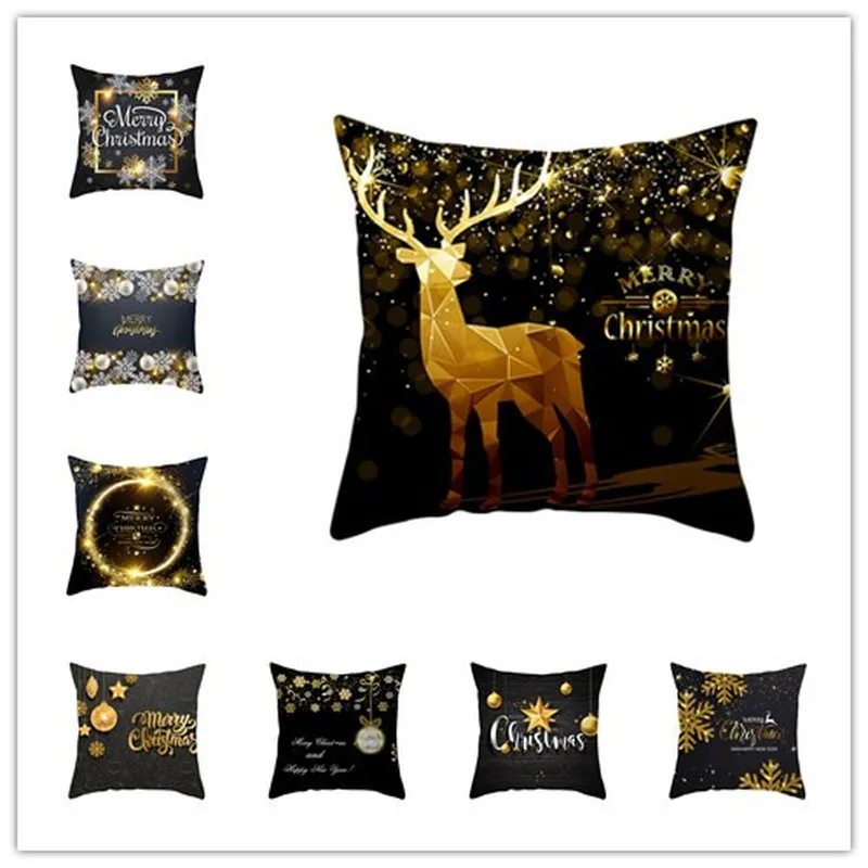 Christmas Decorations for Home Gold Black Snowflake Elk  Cushion Cover  Navidad 2019 Xmas Ornaments New Year 2020 Christmas Gift