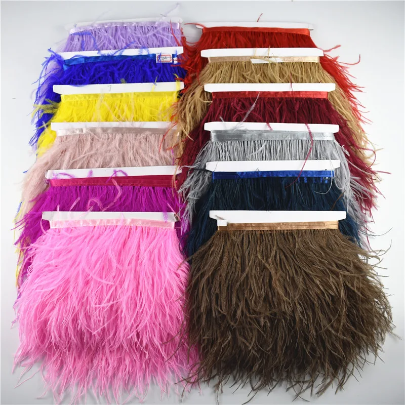 1Meter 10-15CM Ostrich Feather Trims for Skirt White Ostrich Feathers on Tape Ribbon Decoration for Dresses Carnival Accessories