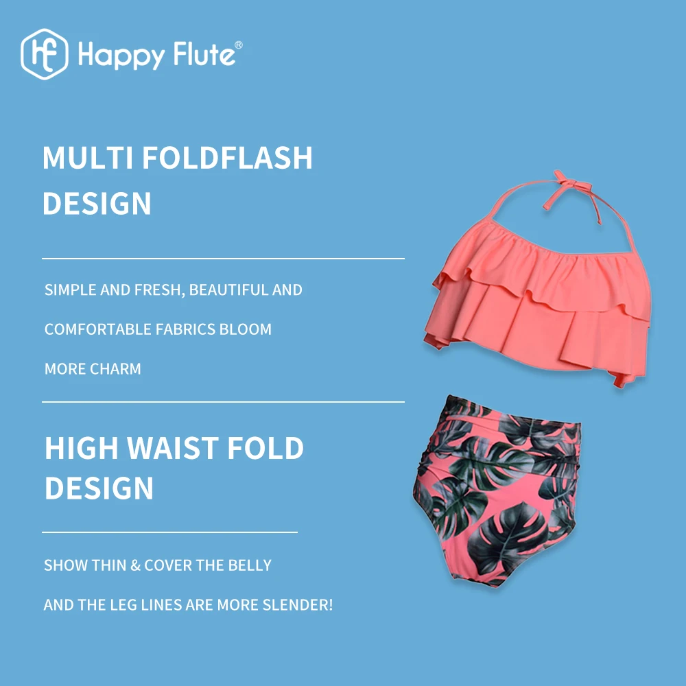 HappyFlute New  Sling Design Fashion Parent-child Printed High Waist Bikini Ruffled Mother&Daughter Swimsuit