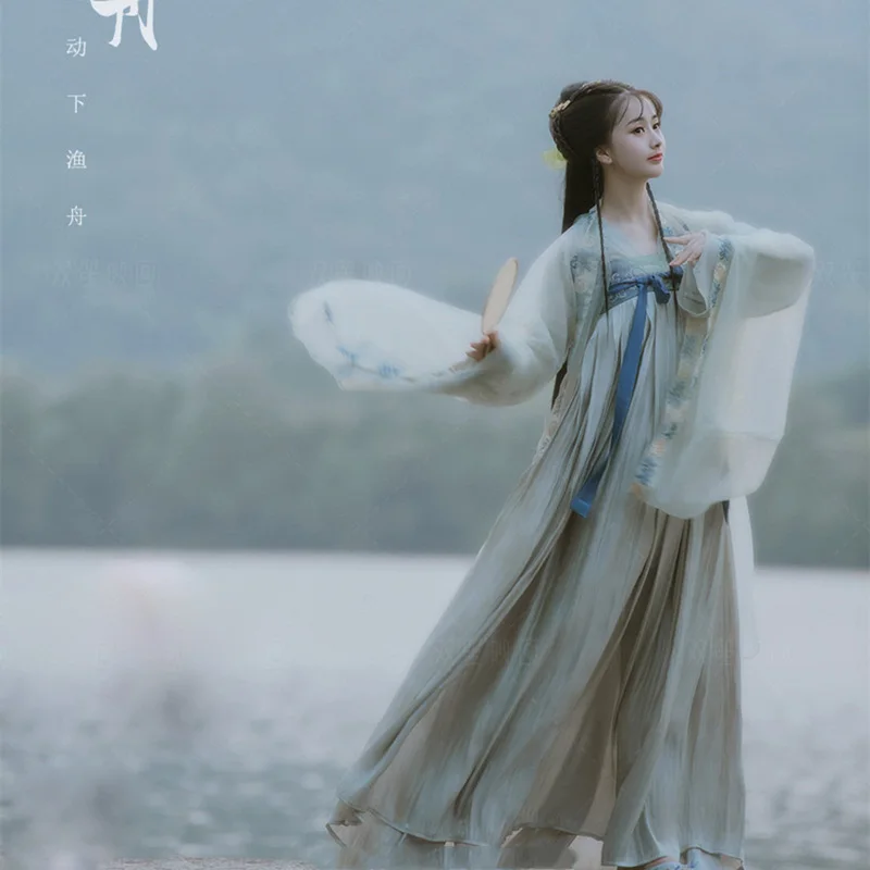 WYJN Simple Elegant Light Solid Color Tang Dynasty High Waist Ruqun Princess Maid Female Hanfu Stage Performance Outdoor Costume