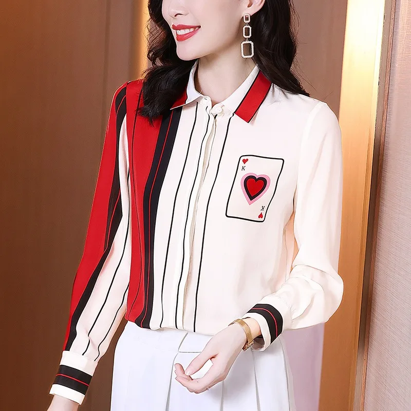 

100% Real Silk Women's Fashion Shirt Elegant Turn-down Collar Long Sleeve Striped Print Shirts Blouses Female Loose Blouse Tops