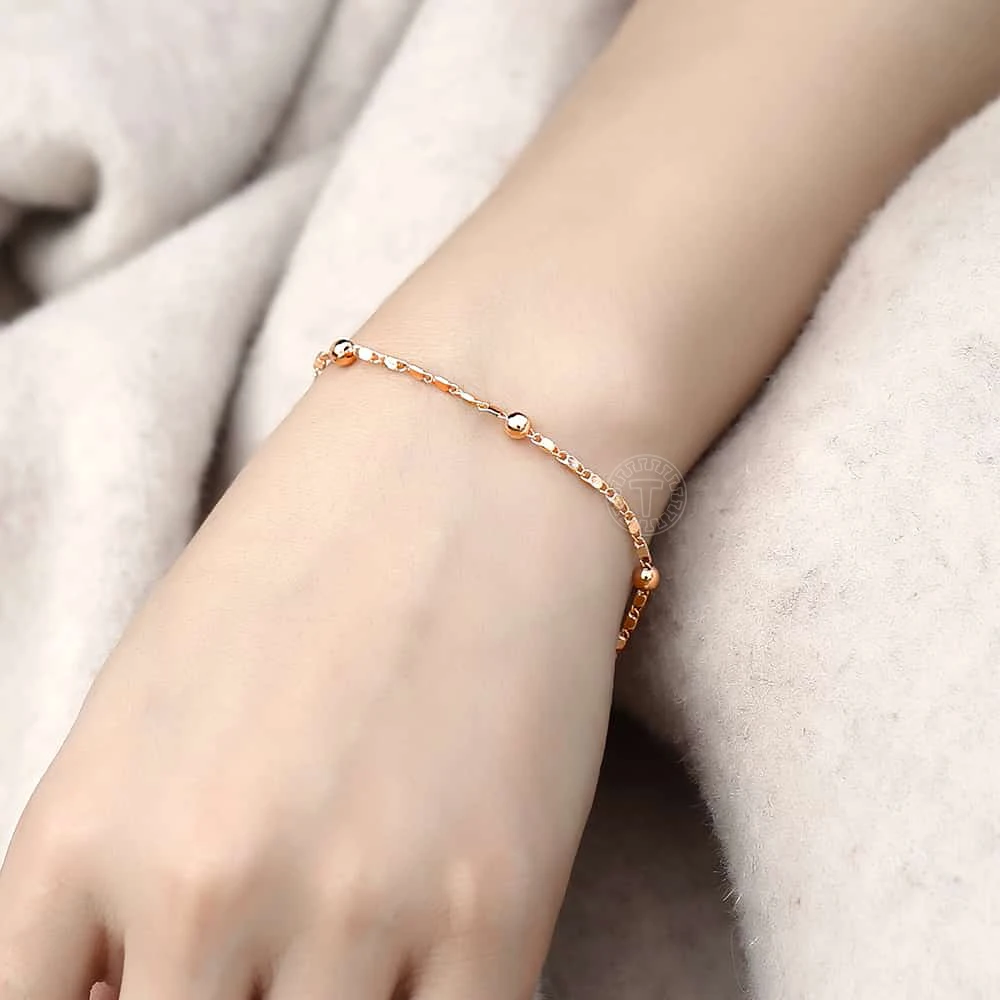 2mm Marina Stick Bead Link Chain Bracelet for Women Girl 585 Rose Gold Color Bracelet Elegant Fashion Jewelry Gifts CB11A