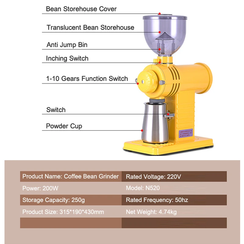 مطحنة بن كهربائية آلة حبوب البن الجسيمات التلقائي بالكامل انفصال 10 ملف قابل للتعديل قدرة عالية 220 فولت/110 فولت