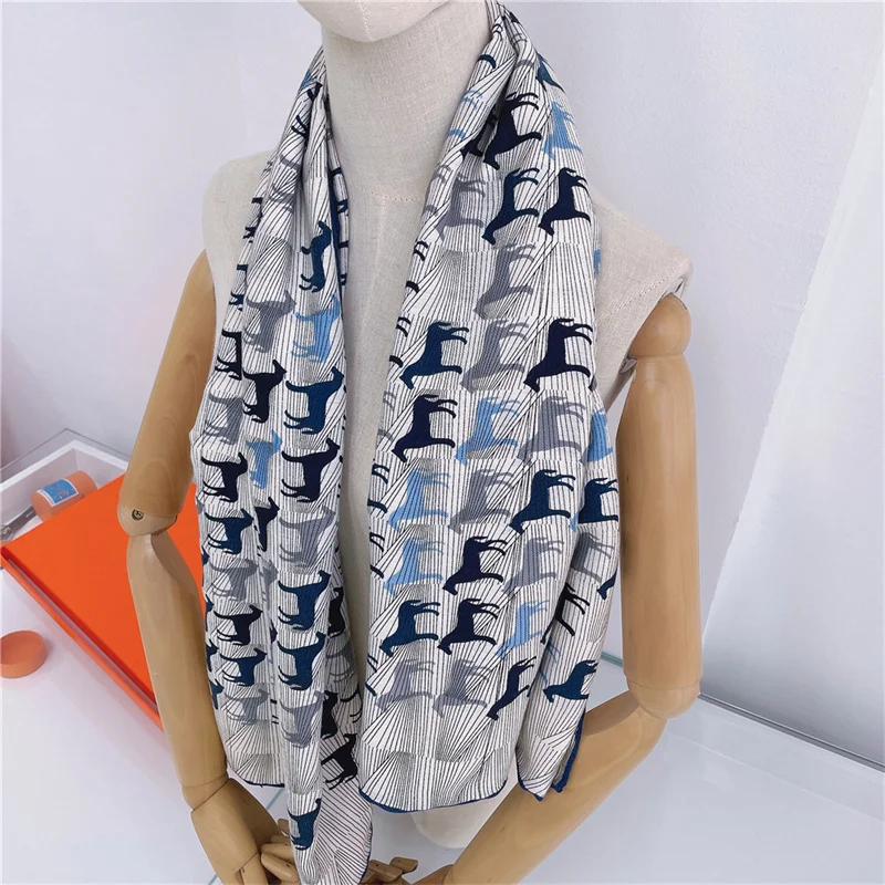 135CM Cashmere Scarf Women Manual Hand Rolled Shawls Horses Square Scarves Wraps Bandana Luxury Brand Hijabs Female Foulards