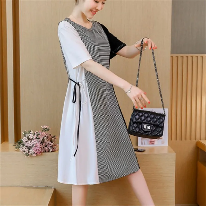 XL 5XL 2021 Summer Dress Women New Dress Short Sleeve Large Size Loose Stripe Patchwork Color Collision Dress Casual Holiday