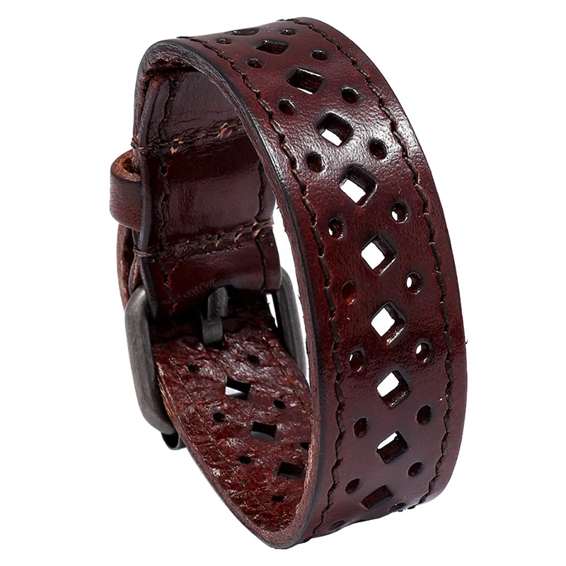 VOQ Creative Jewelry Wide Wristband Design Retro Hollow Genuine Leather Bracelet Adjustable Long Cuff Bangles pulseras