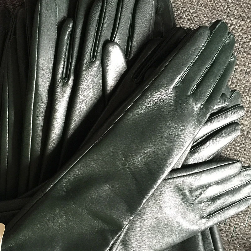 Lady real sheep leather glove green Women super long shoulder long leather gloves customization  viridis