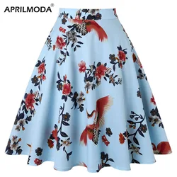2023 Summer 50s 60s Vintage Retro Casual Skirt Fashion Lady Bird Animal Floral Print Skirts High Waist Pleated Flare Midi Skater