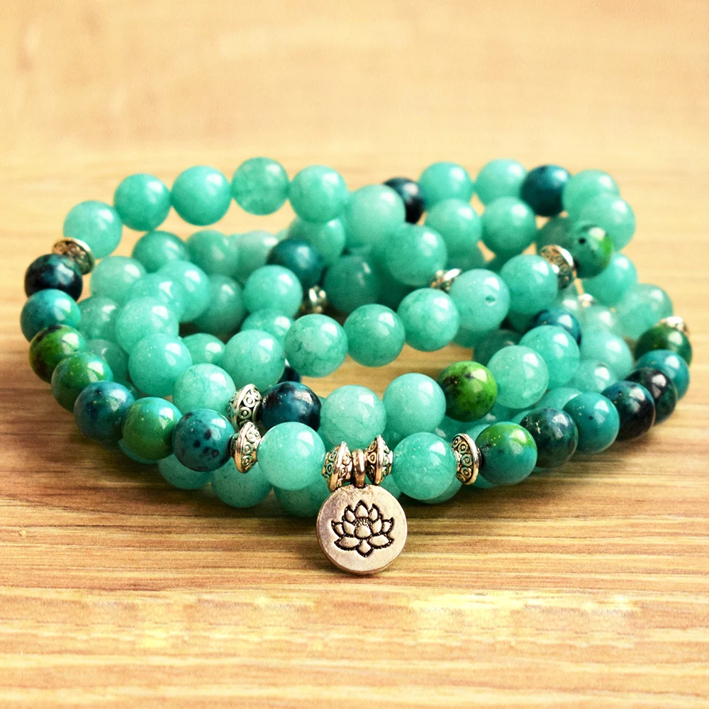 MG0648 Amazonite 108 Mala Bracelet Yoga Mala Meditation Bracelet Lotus Healing Chakra Spiritual 108 Mala Beads Jewelry