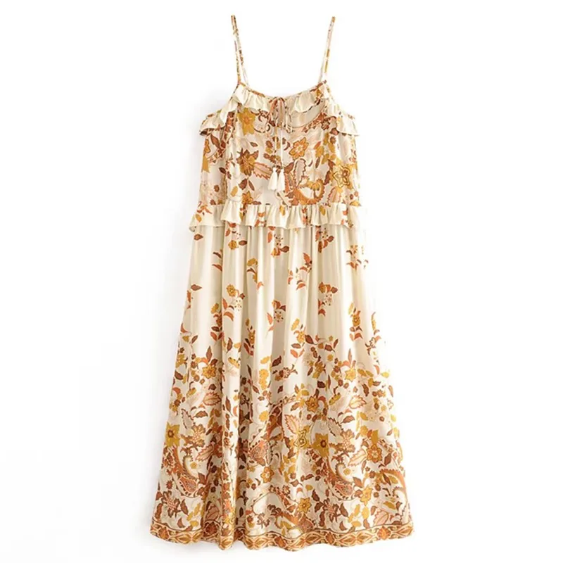 BOHO Wood ears Ruffles stampa floreale Spaghetti Strap Dress BOHO donna nappa Lace up scollo a V Sling Maxi abiti lunghi Beach