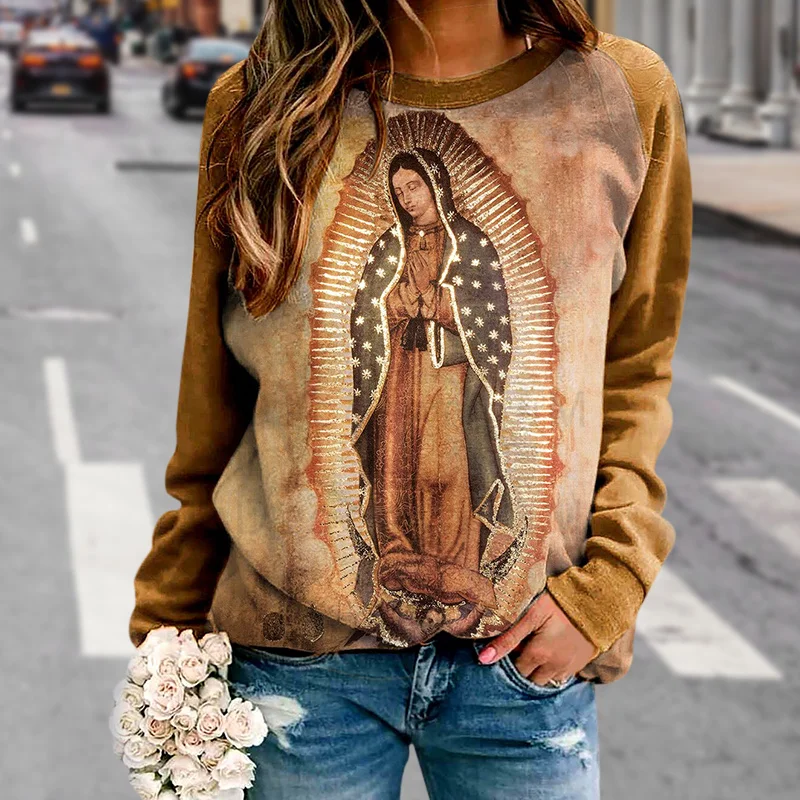 Women\'s Long Sleeve Top Fashion Vintage Original Of Our Lady Guadalupe Virgin Mary Print Skin-friendly Sweatshirt For Saint Girl