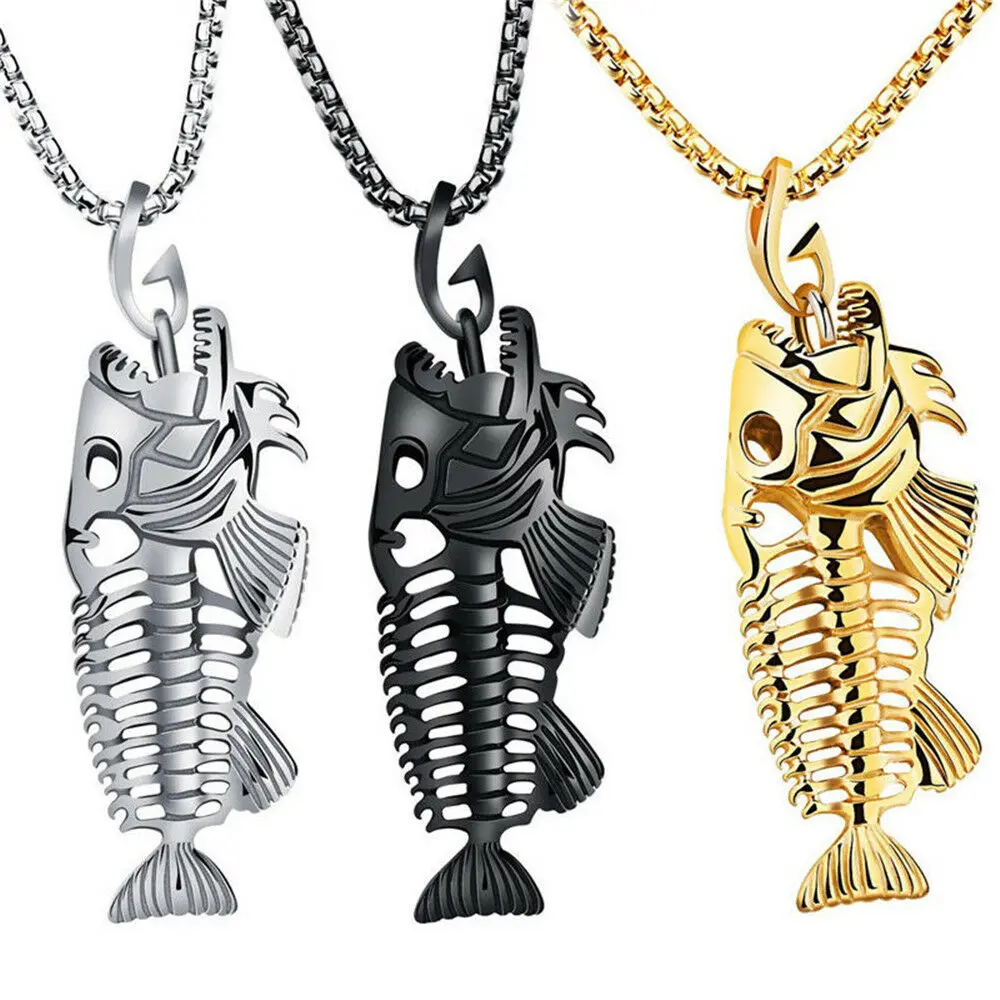 Cool Fish Bone Whole Fish Skeleton Stainless Steel Pendant Necklace Retro Jewelry Personality Hip-Hop Rock Jewelry Gift