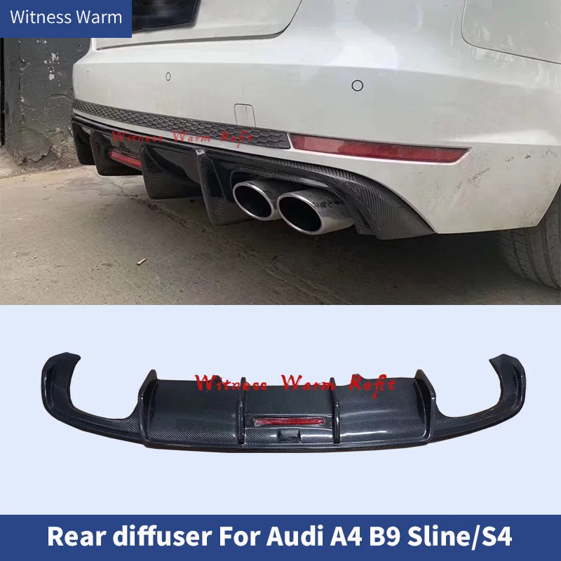 for Audi A4 B9 S4 Sline Sport Bumper Carbon Fiber Rear Bumper Lip Spoiler Diffuser Cover 2016 2017 2018 2019(with Lamp)