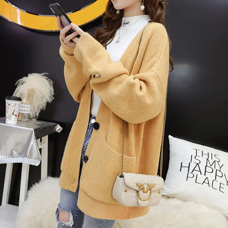 Knitted Sweater Women Tops Spring Autumn Yellow Blue Red Casual Loose Long Sleeve Knit Cardigan Female 5 Color Ladies Jumper