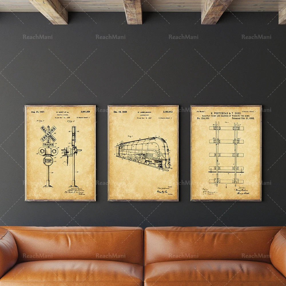 Three-piece rail transit patent, train patent, locomotive patent art, railway poster, railway signal patent art poster