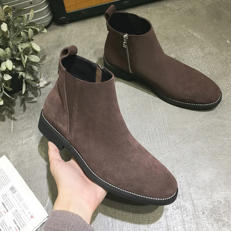 Yomior Brand Genuine Cow Leather Autumn Winter Men Shoes Vintage Casual Pointed Toe Slip-On Snow Warm Chelsea Boots Ankle Boots